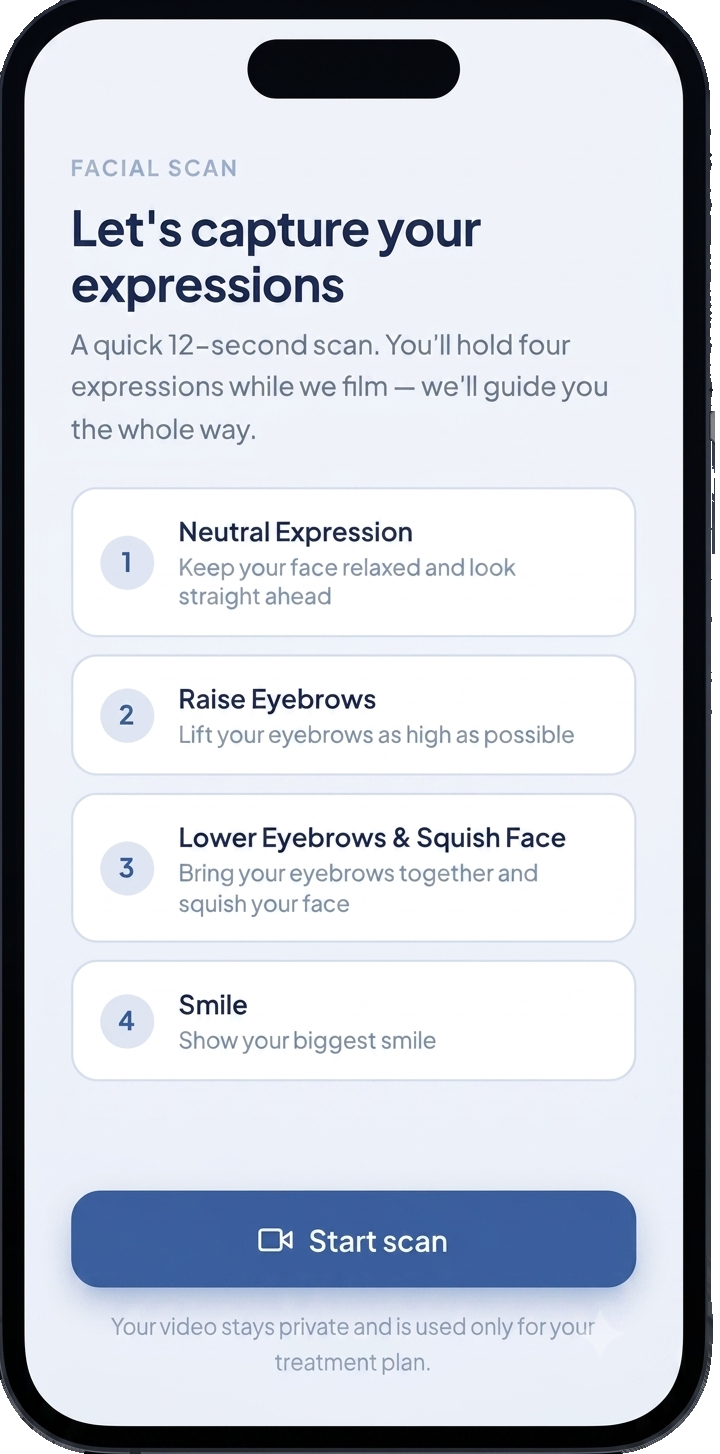 LineRefine app guiding a patient through a facial scan, expression by expression